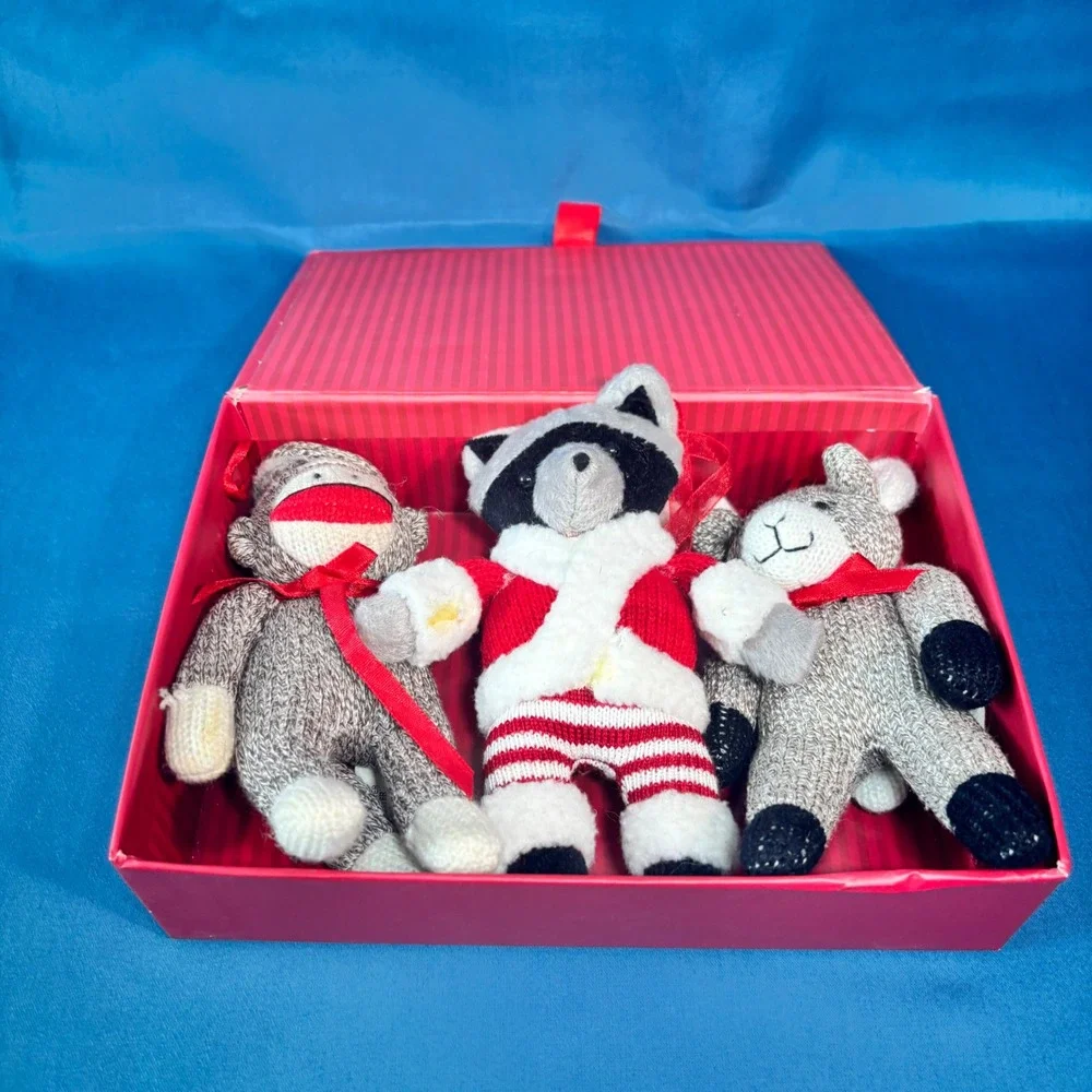 Midwest Cannon Falls Knit Christmas Ornaments Sock Monkey Moose Raccoon Lot of 3